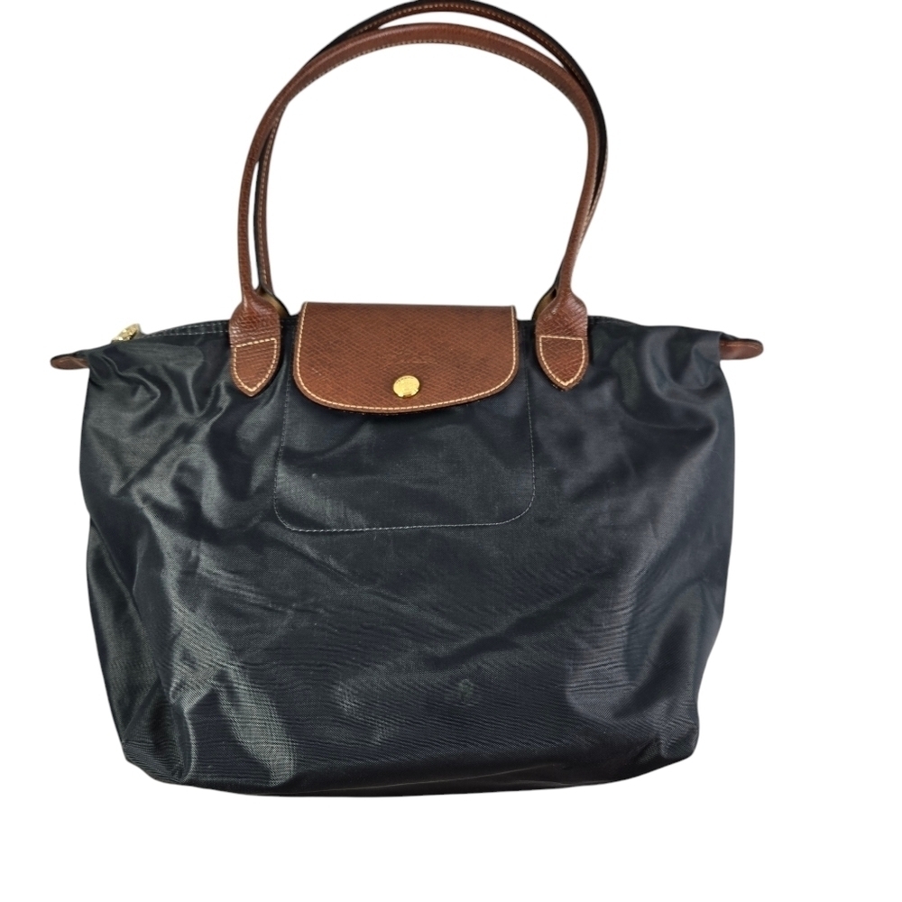 Longchamp Pliage black nylon leather foldable tote market shopping bag